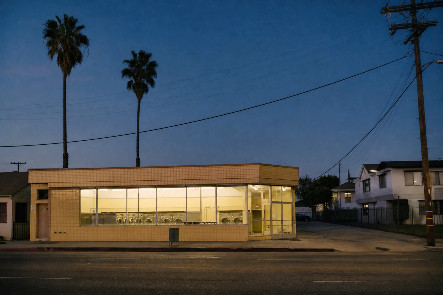Quiet tiled laundromat glowing at blue hour