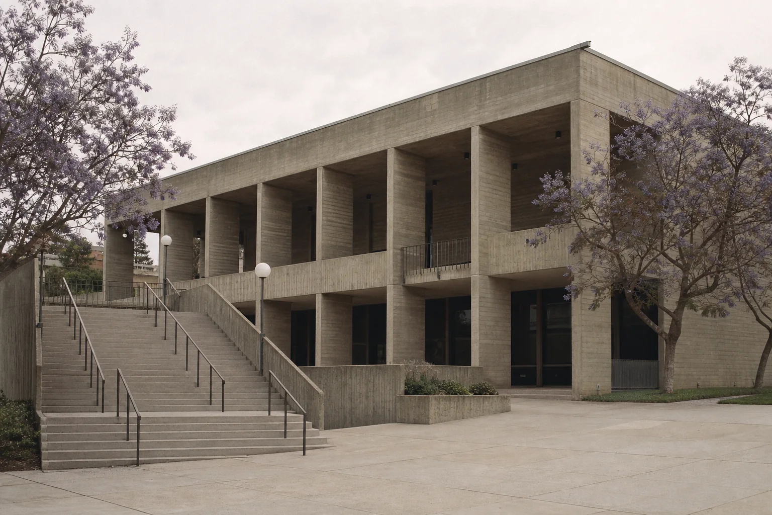 Concrete public building and broad exterior stair