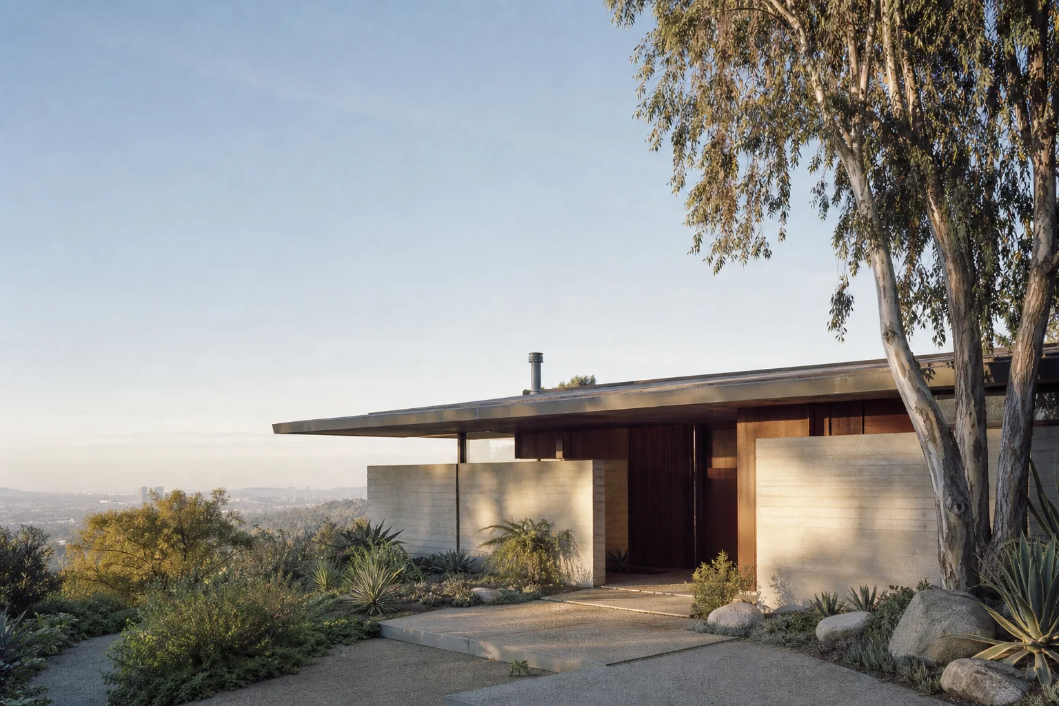 Low modern hillside residence framed by eucalyptus trees